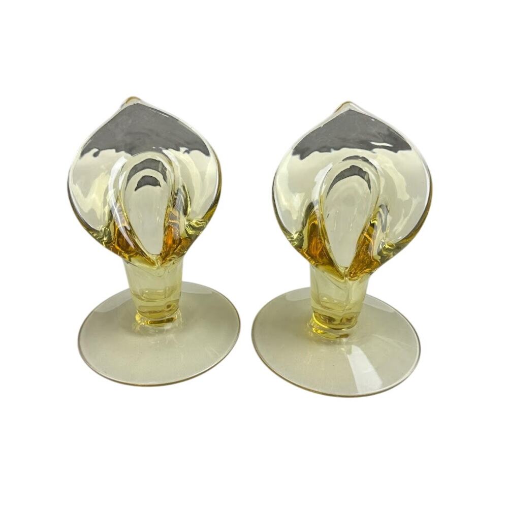 Pair of Vintage Yellow Glass Calla Lily Candle Holders Elegant Art Glass Design